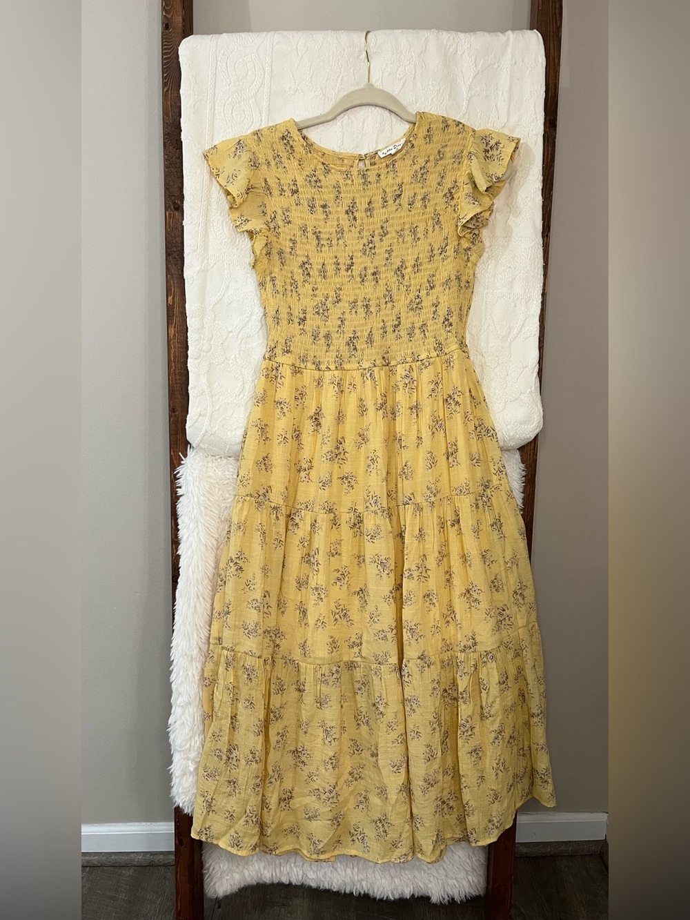 By The River Yellow Smocked Floral Tiered Midi Dress Medium Boho Cottagecore